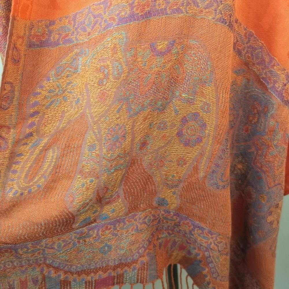 Jamawar Shawl Wrap Scarf Elephant Paisley Orange Women's Boho Bohemian 26x70